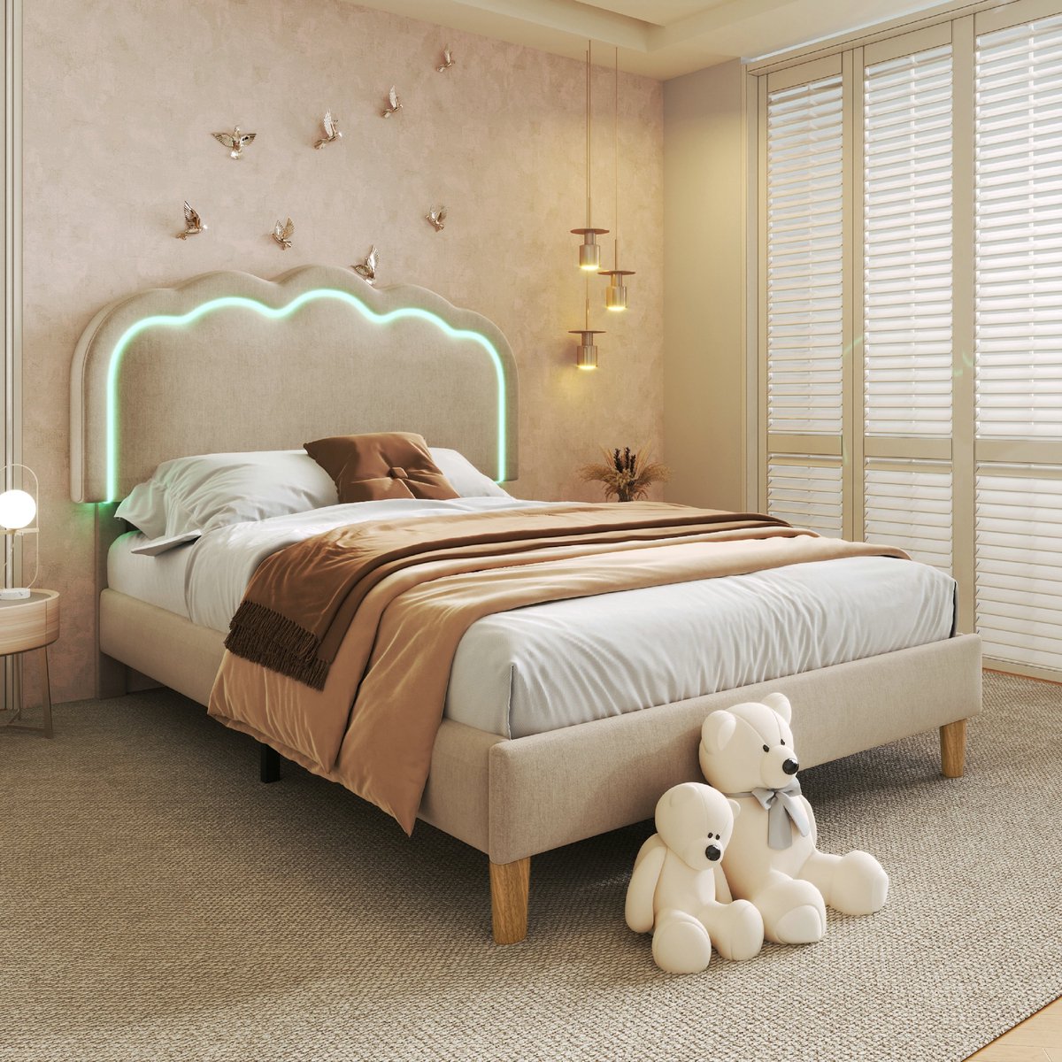 VVBV Bed 90x190 – Tienerbed – Gestoffeerd Bed – met Verstelbaar Hoofdbord, LED en Lattenbodem – Linnen – Beige – Voor Tieners – Voor Gasten