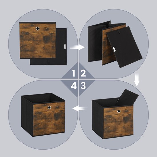 Instructies voor het vouwen van een stoffen opbergdoos met houtprint.