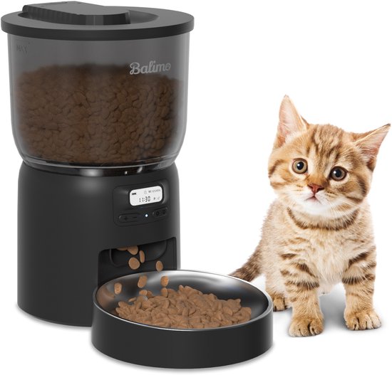 Balimo Automatische Voerbak Kat en Hond - 3 Liter - Inclusief 1 RVS Voerbakken - Voerautomaat & Anti-Schrokbak - Voerdispenser - Eetbak voor Katten & Honden - Zwart