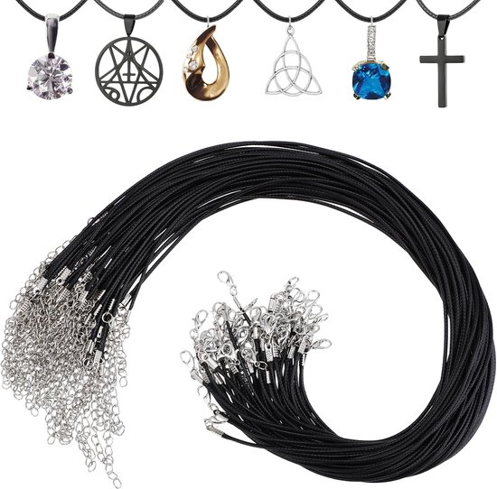 Sander Shop 50 pièces cordon de collier noir corde de collier avec boucle cordon de collier en cuir ciré pour breloques pendentifs fabrication de bijoux, 45 cm