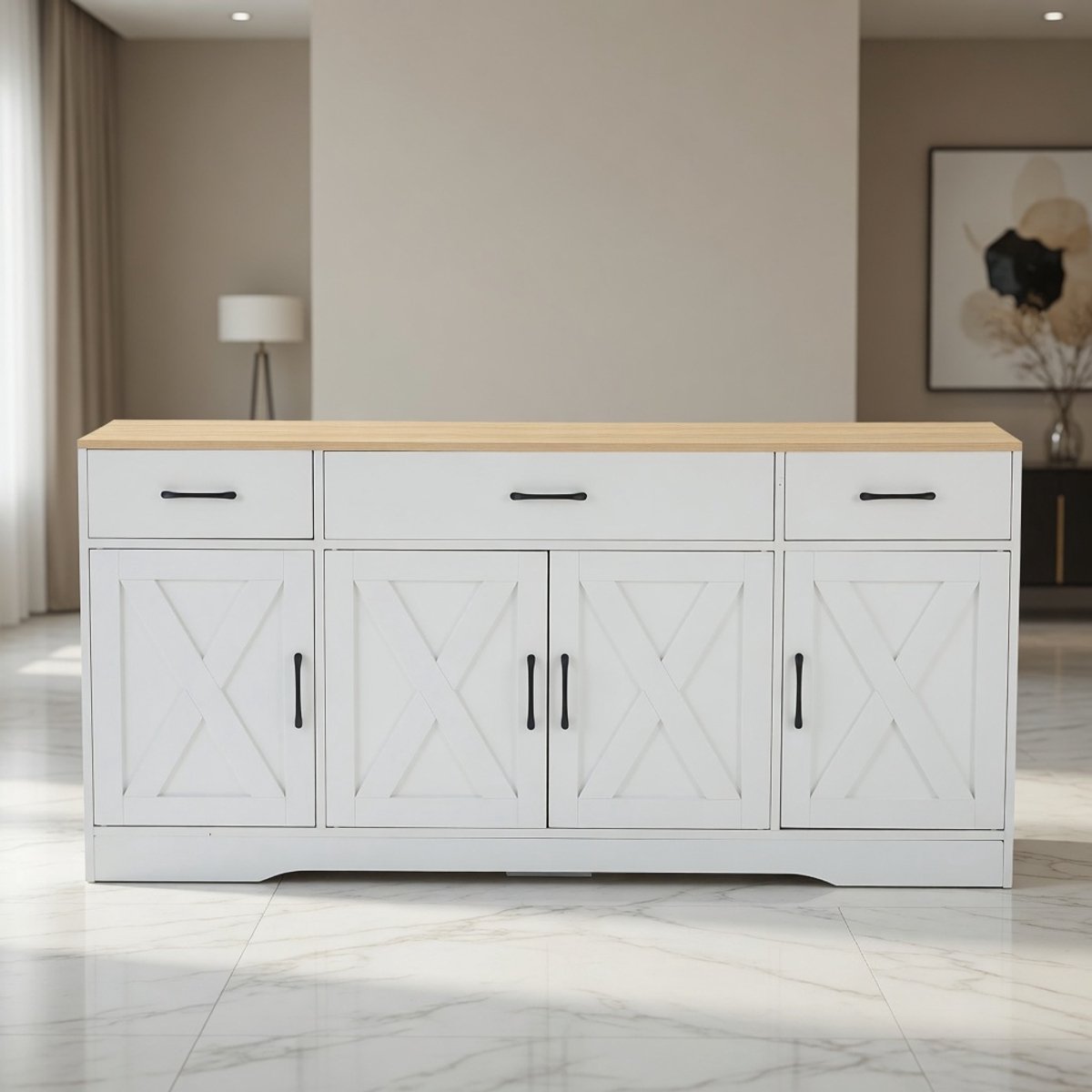 Moderne Smalle Dressoir Kast Wit – Multifunctionele Sideboard Opbergkast 160x37x75 cm – 3 Laden & 4 Deuren – Industrieel Design – TV Meubel & Woonkamer Kast Mobili Bella
