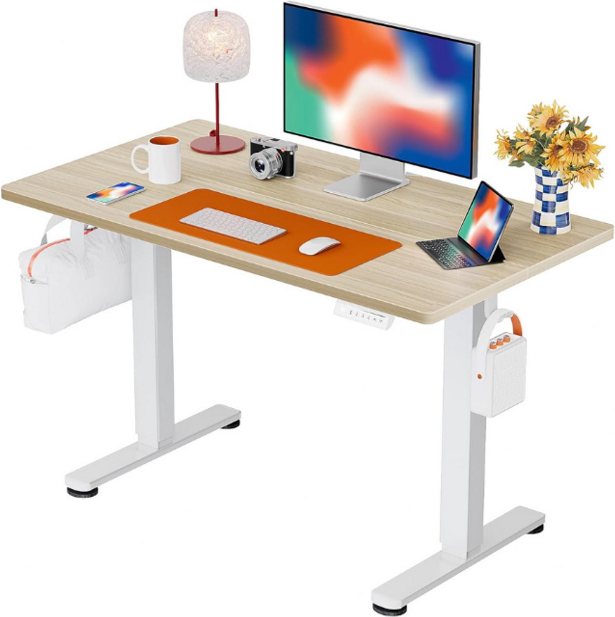 ErGear Staand Bureau, 100 x 60 cm, in hoogte verstelbaar, elektrisch zit-sta bureau met gesplitst blad, rugzakhaak en slim bedieningspaneel met 4 geheugenposities, voor thuiswerk