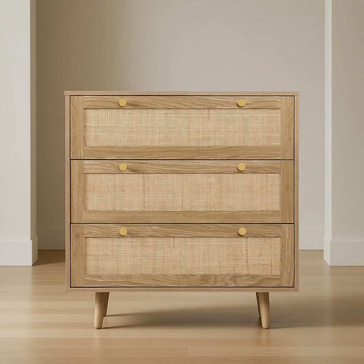 Bohemian Rotan Commode met 3 Lades – Eiken Houten Ladekast 80x40x91,4 cm – Multifunctionele Opbergkast voor Slaapkamer, Woonkamer en Hal – Mobili Bella