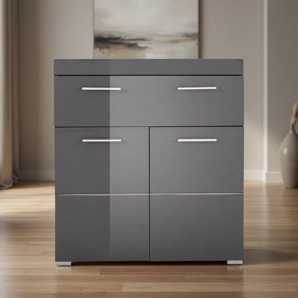 Amanda Hoogglans Badkamerkast Commode Smal 73x79x31 cm met 2 Deuren en Grote Lade - Grijs 