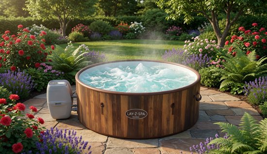 Ronde houten jacuzzi met bubbels, omringd door rode en paarse bloemen en groen.