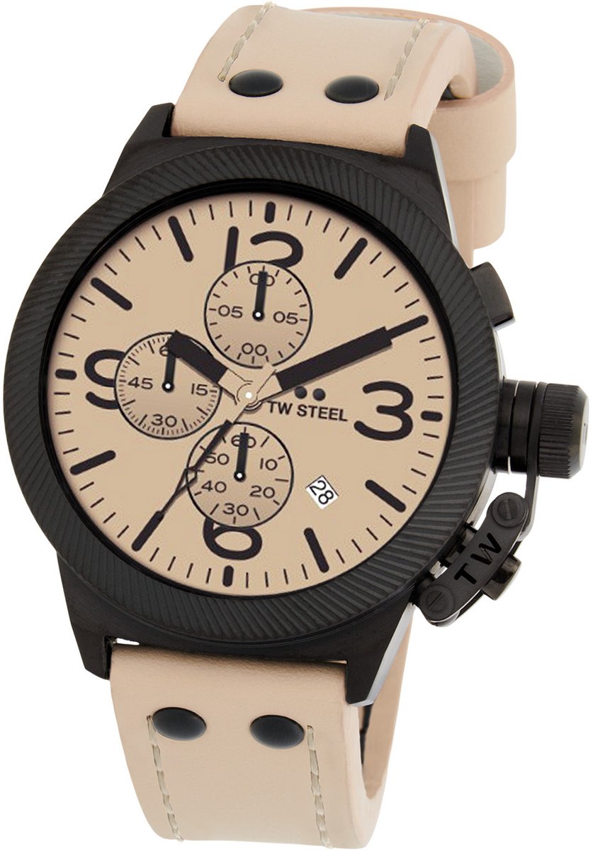 TW Steel TWCS117 Canteen Heren Horloge - Mineraalglas - Staal-Leer - Crème-Zwart - 45 mm breed - Quartz - Gesp - 10 ATM (zwemmen)