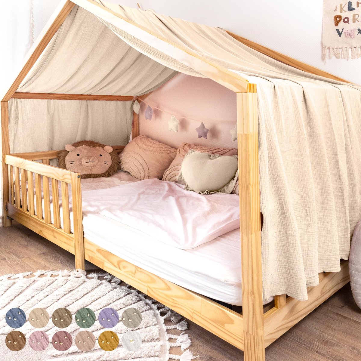 LILIMAUS Huisbed hemeltje uit één stuk met gouden details - bedhemel voor huisbed - 135 x 360 cm - mousseline katoen - crème