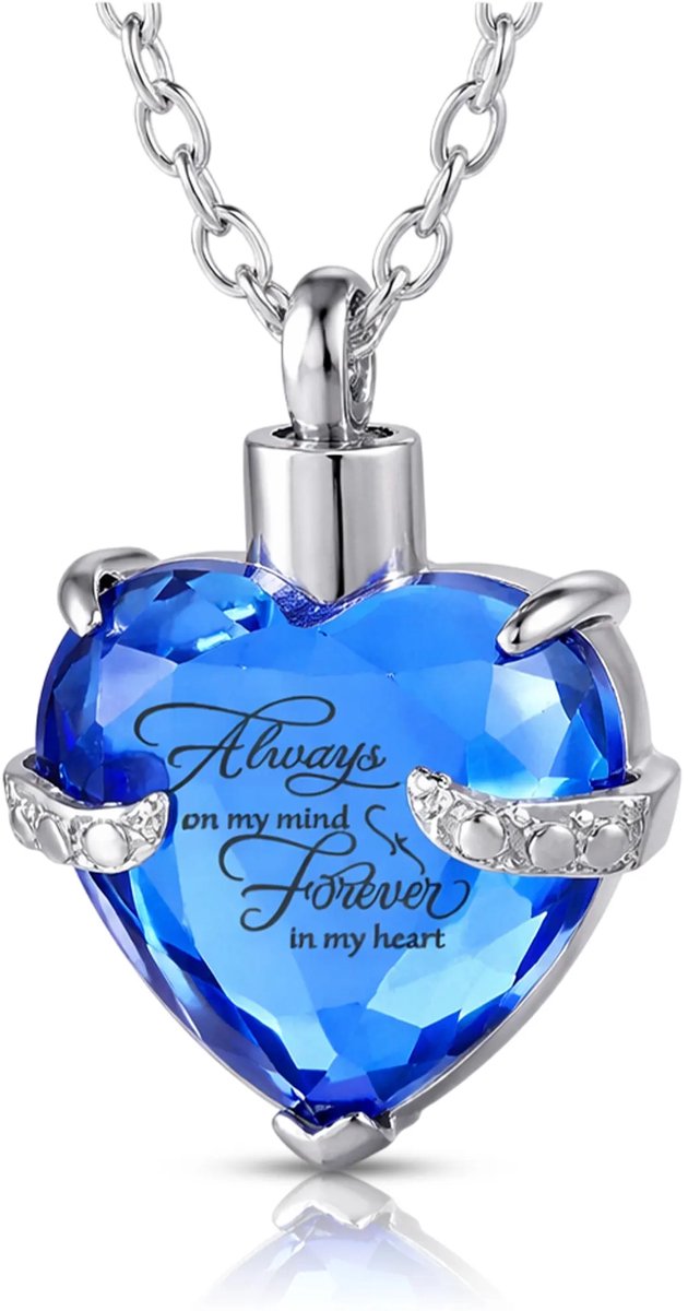 Akerz Mini urn ketting hart donker blauw – As hanger – Herinneringssieraad – Always in my heart – RVS