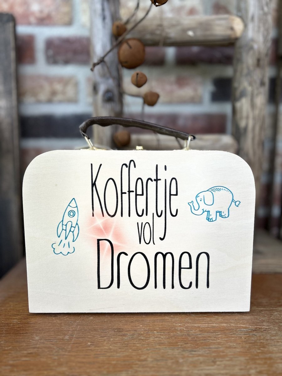 Creaties van hier - Houten koffertje met leren handvat – Koffertje vol dromen - 23x17x9 cm - slijtvast - Koffertje