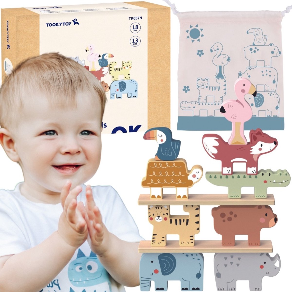 TOOKY TOY Balans- en Stapelspel - FSC Hout - Dieren - 13-Delig - Geschikt voor 1+ Jaar (Dreumes) - Stapeltoren - Stapelblokken - Balans Blokken - Educatief Speelgoed - Cadeau voor Dreumes