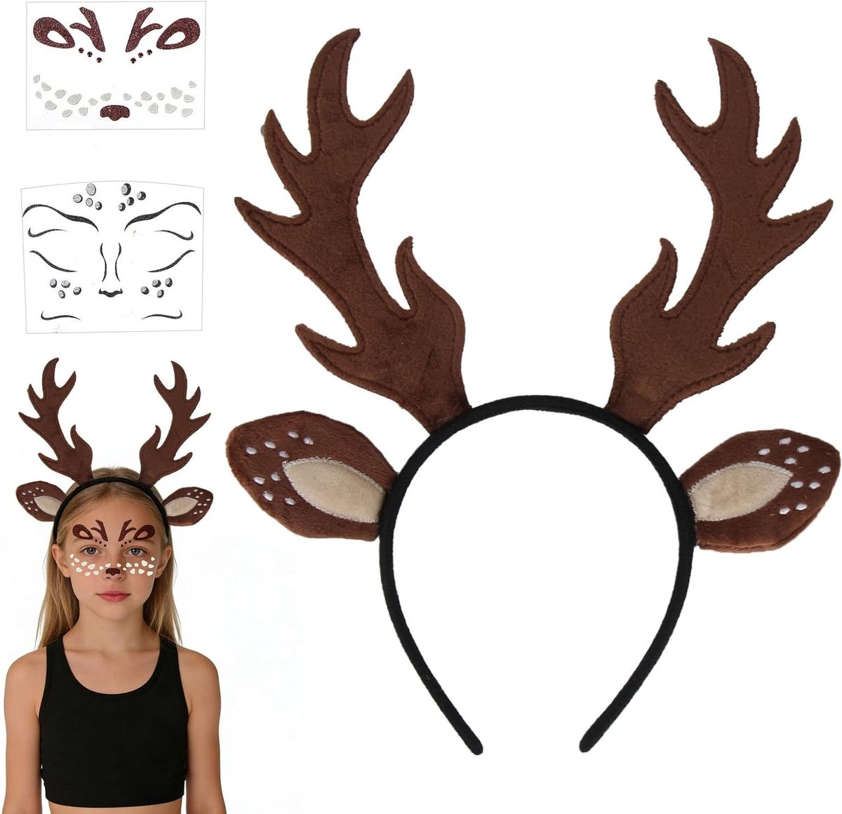 Vrouwen en Kinderen Hertenkopband met 2 Hert Stickers voor Carnaval en Kerst Cosplay Feestoutfit