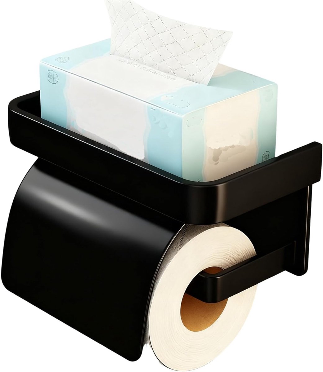 Zelfklevende Toiletpapierhouder met Telefoonhouder in Geborsteld Staal - Eenvoudige Installatie zonder Boren, Duurzaam en Geschikt voor Badkamer (Zwart)