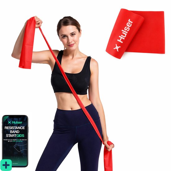 Femme avec bande de résistance rouge autour de son cou, logo HULSER sur la bande