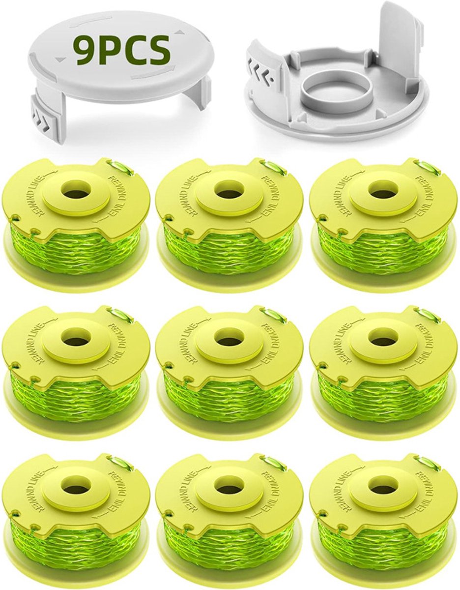 9 stuks Draadspoel - String Trimmer Replacement Spool Line - met 2 stuks Spool Caps - geschikt voor Ryobi One Plus+ AC80RL3 18v, 24v, and 40v Cordless Trimmers