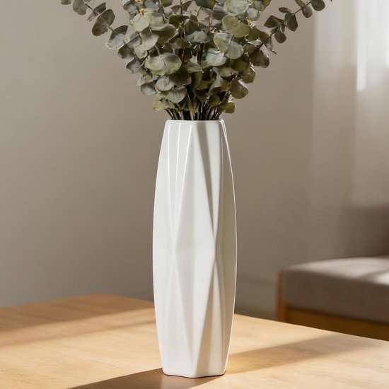 Witte Keramische Vaasje van 30 cm Hoog, Modern Design voor Boerderijstijl, Tafeldecoratie en Woonkameraccessoires, Perfect voor Pampasgras en Bloemen
