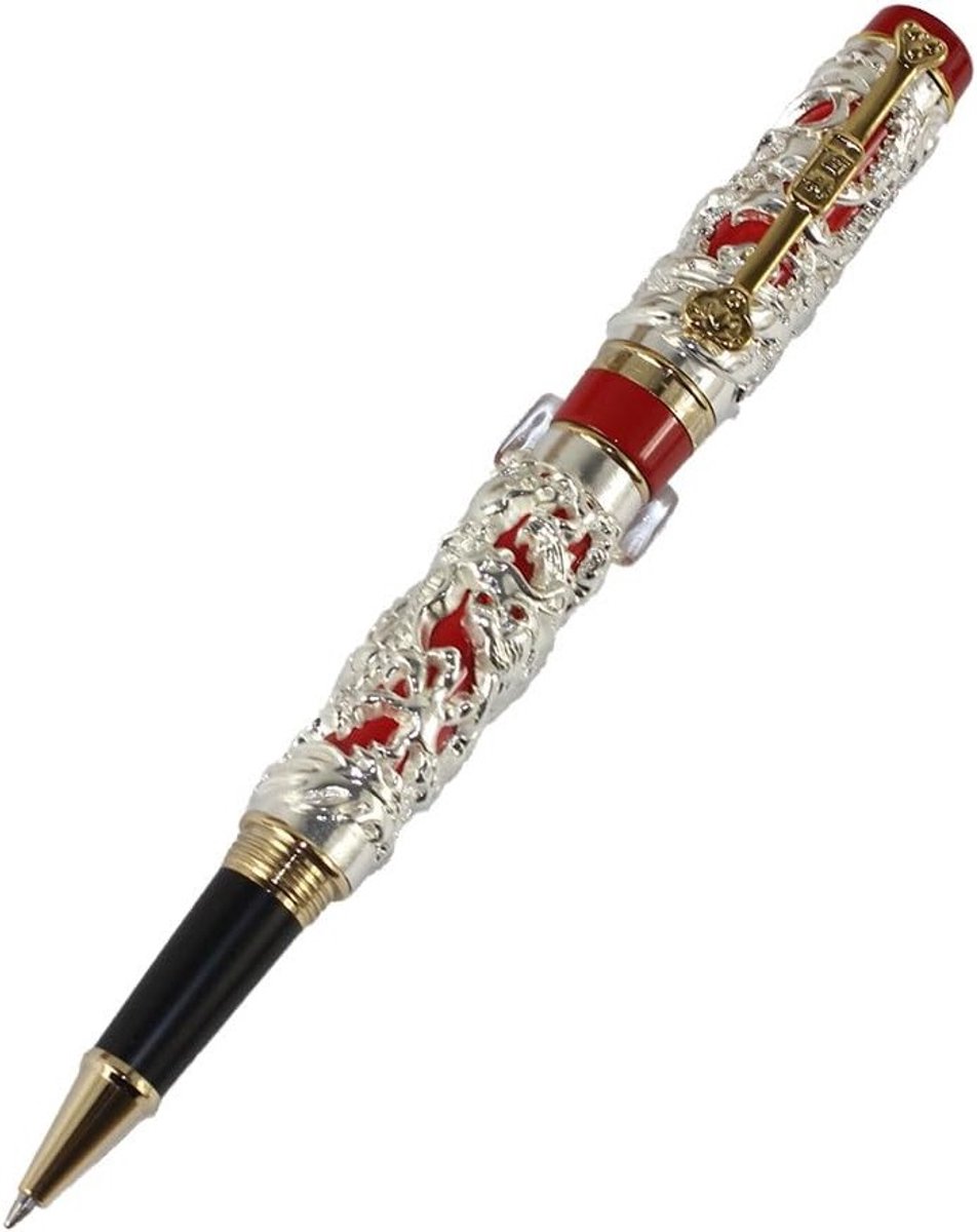 SnelShoppen - Luxe Rollerbalpen met PU Leren Etui - Zilver en Rood - Perfect voor Kantoor, Cadeau en Persoonlijk Gebruik