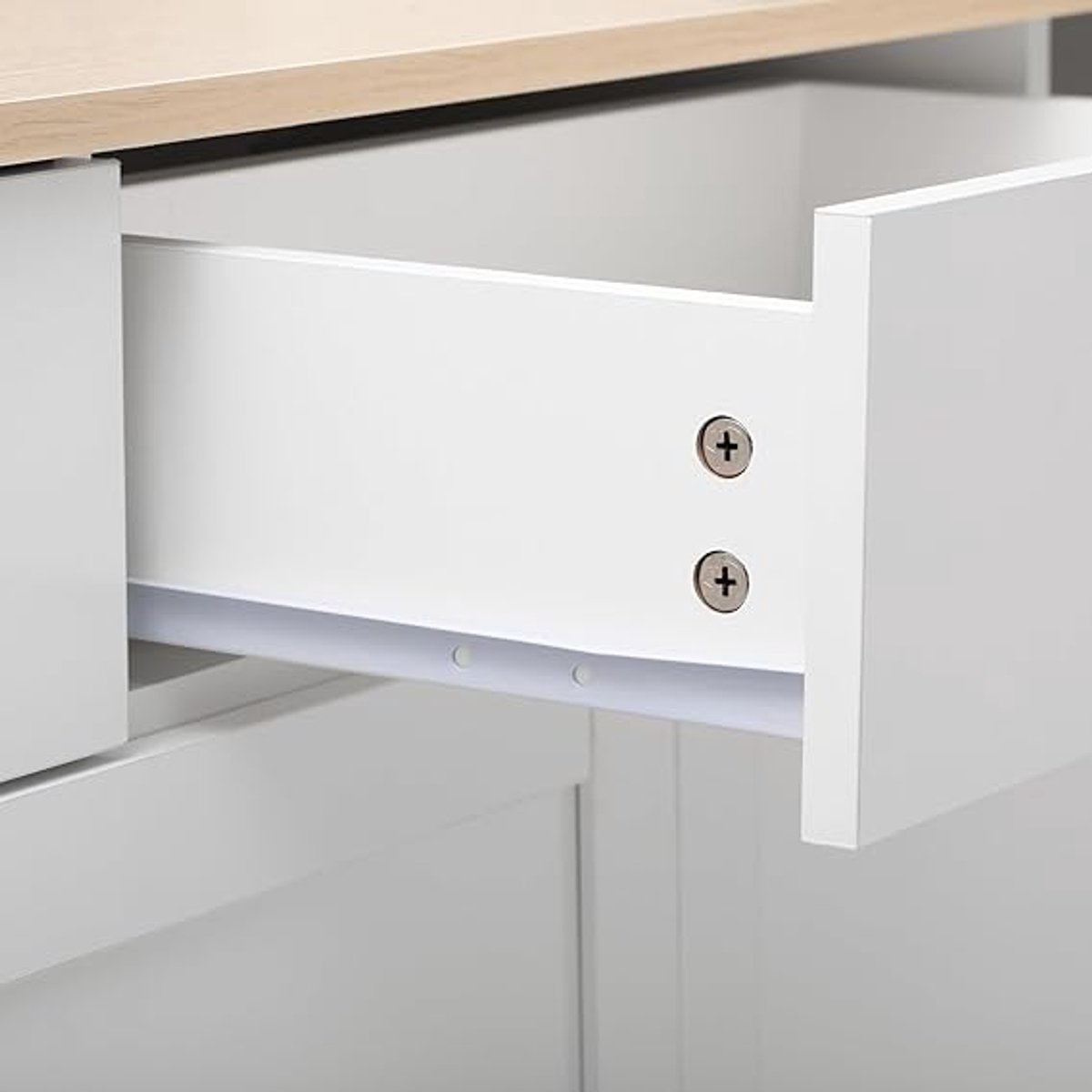 Moderne Witte Houtnerf Dressoir 160 cm – Buffetkast met 4 Deuren, 3 Lades en Verstelbare Planken voor Woonkamer, Eetkamer of Keuken