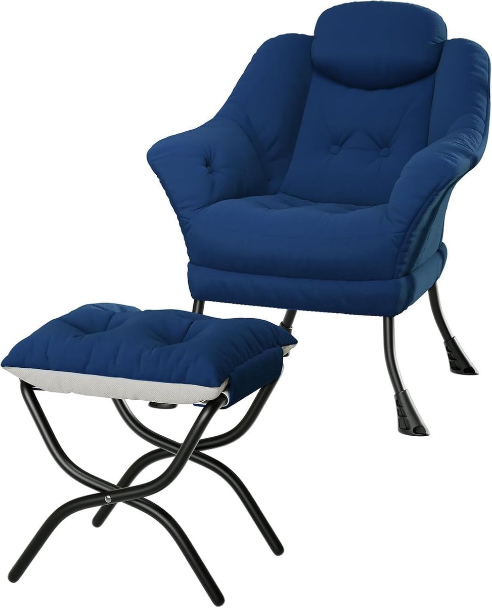 Moderne Fauteuil met Hocker - Verstelbare Loungestoel met Zijvak - Velvet Relaxstoel - Compact Design voor Kleine Ruimtes - Blauw
