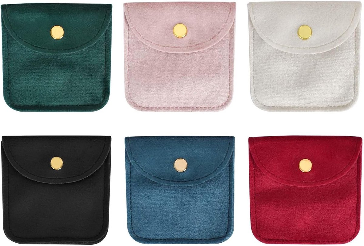 Set van 6 luxe fluwelen zakjes met drukknoop, ideaal voor sieraden zoals ringen, armbanden en oorbellen, 8 x 8 cm