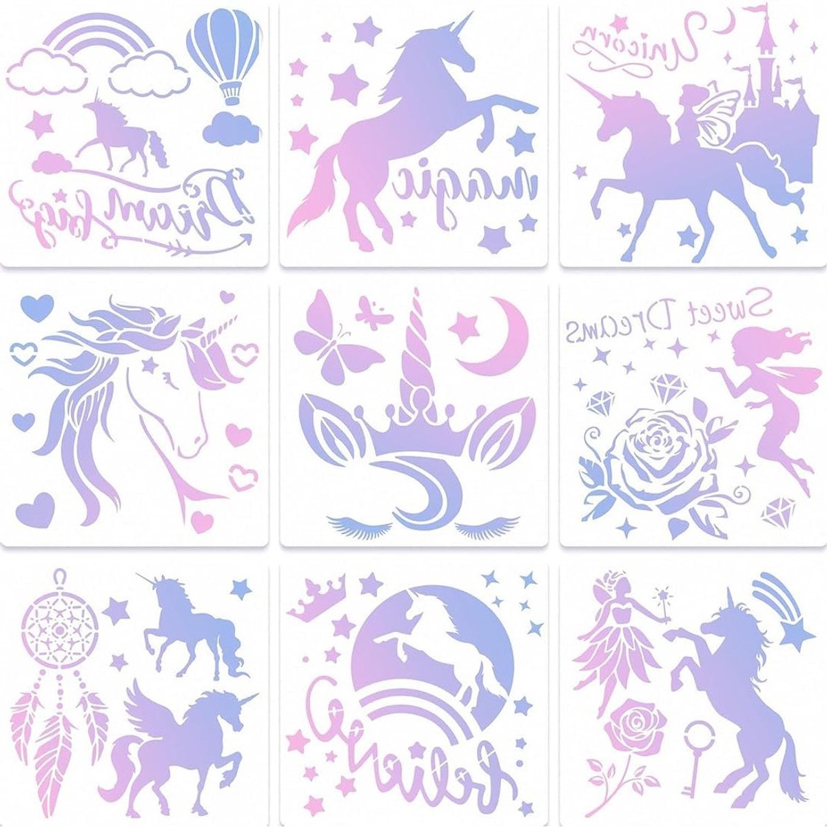 Creatieve Schilder Stencils voor Kinderen, 9 Stuks, 20 x 20 cm, Feestelijke Eenhoorn en Sprookjes, Herbruikbare Sjablonen voor DIY Knutselen op Papier en Hout