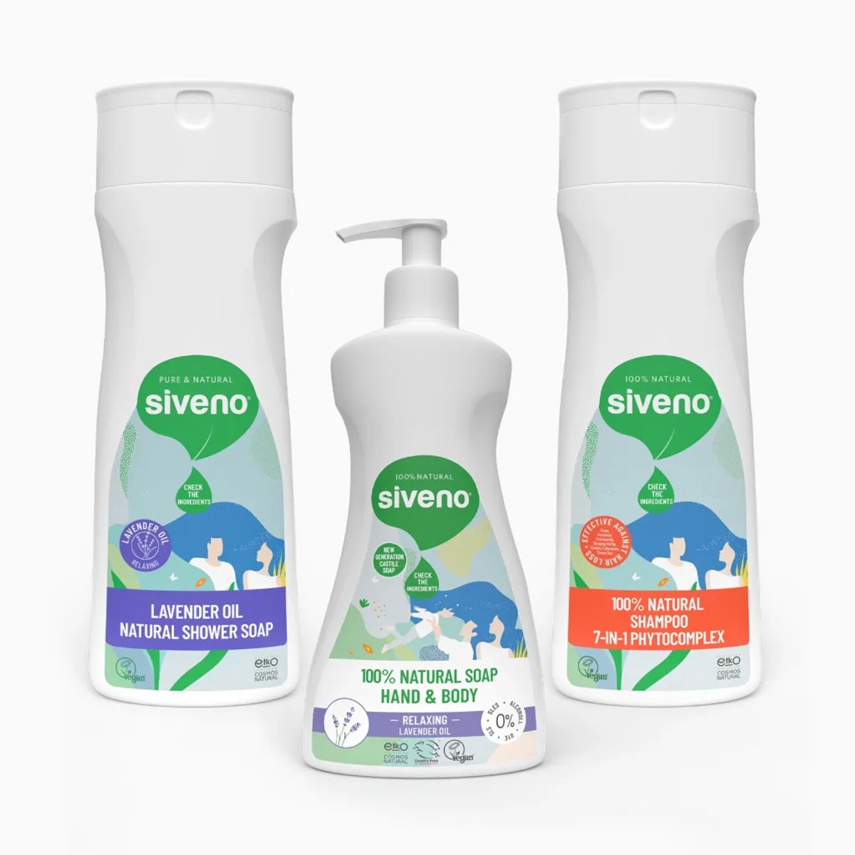 Siveno Natuurlijke Lichaamsverzorging Voordeelset – Vloeibare Zeep + Douchegel + Shampoo – 3 Stuks