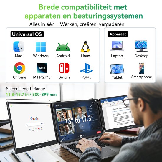 Compatibiliteitsoverzicht van draagbare monitoren met verschillende besturingssystemen en apparaten, met de tekst '13" to 17.3"'.