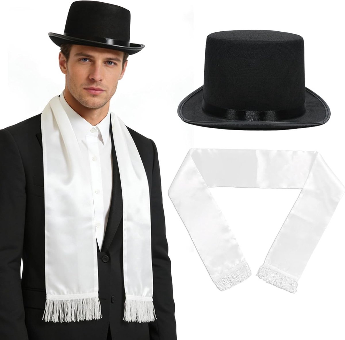 Zwarte Velours Hoed en Witte Sjaal voor Halloween Kostuum, Victoriaanse Outfit en Cosplay Decoratie