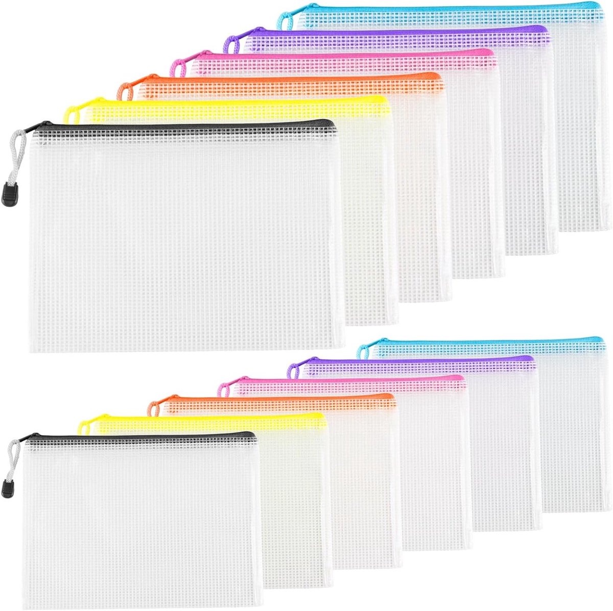 Set van 12 Waterdichte Plastic Zipper Tassen, Documentenfolders en Mesh Opbergzakken voor Thuis, Kantoor en Reizen