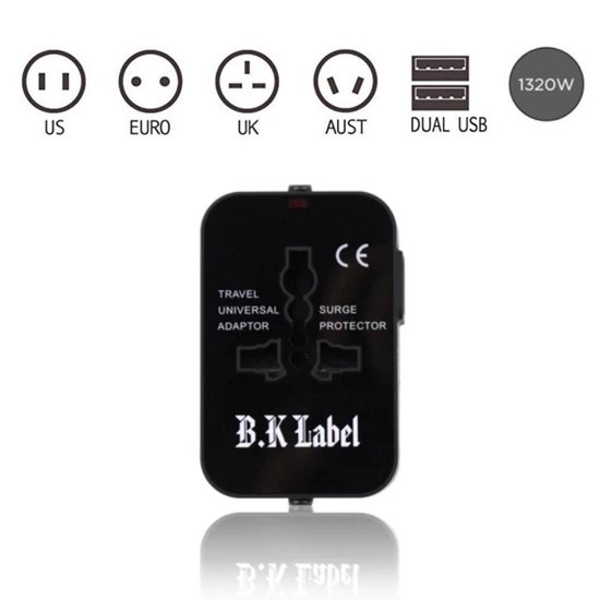 B.K Label Universele Wereldstekker met 2 USB Poorten – Zwart