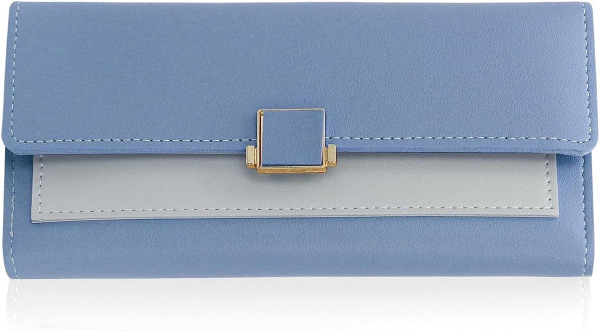 Dames Lange PU Leren Portemonnee met Ritsvak en ID Venster, 9 Creditcard Slots, Drie Vakken, Blauw, Casual en Stijlvol Accessoire