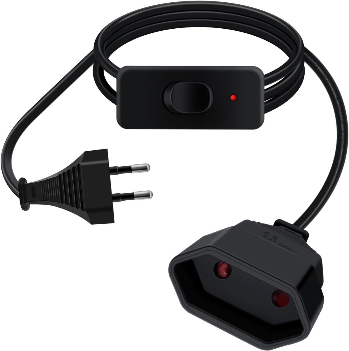 Verlengsnoer met Schakelaar, 2.5 A, 250 V, Euro Plug, 2 x 0.75 mm², LED Schakelaar voor Huishoudelijke Apparaten, TV, PC, Lamp en Monitor (Zwart, 2 Meter)