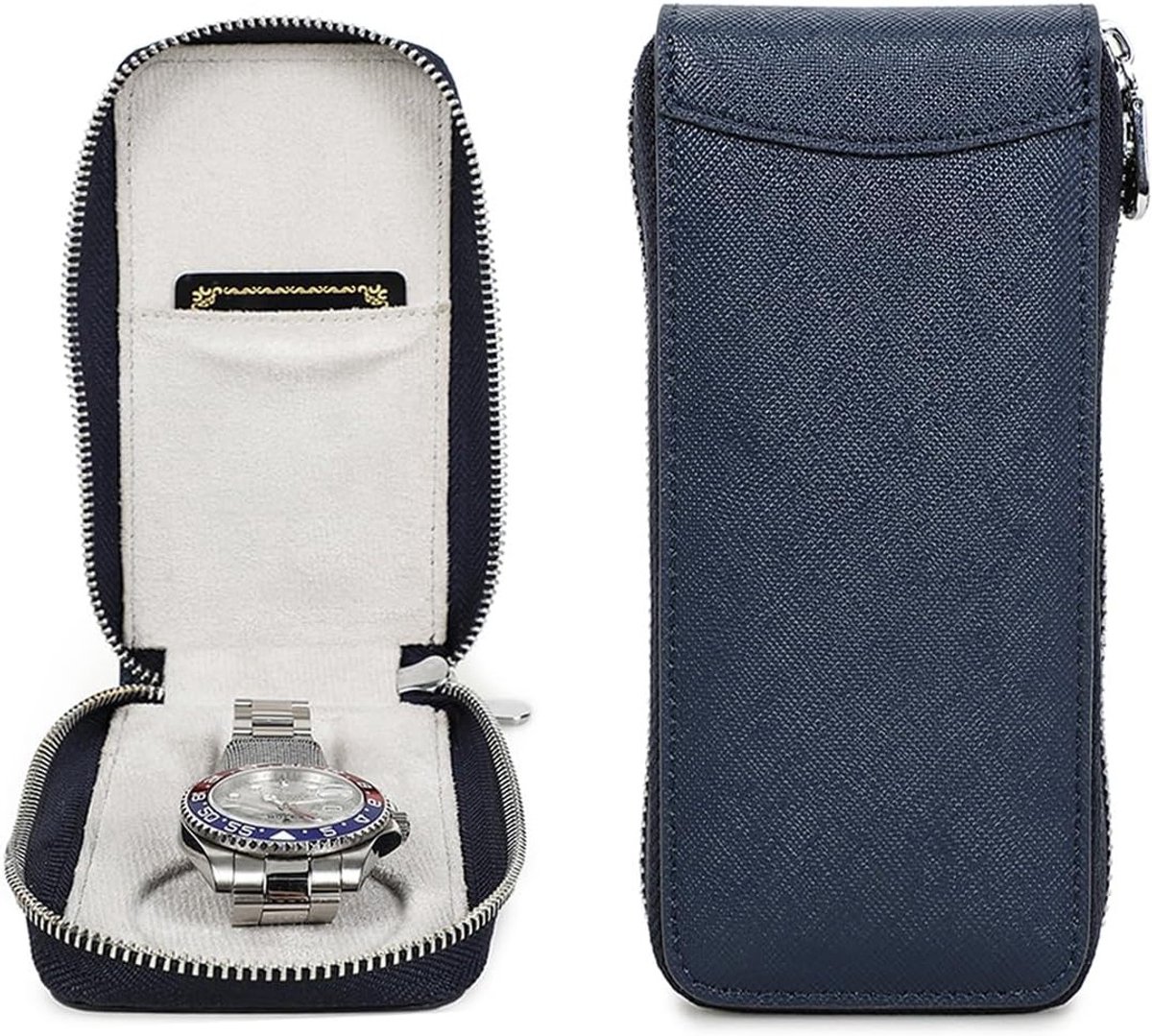 Reisopbergdoos voor Horloges, Organizer voor 1 Horloge, Draagbaar en Waterdicht, Saffiano Leer (Blauw)