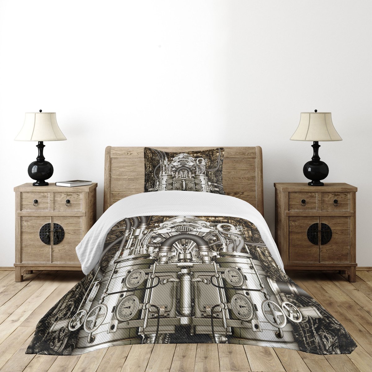 ABAKUHAUS grijze dekspreiset, foto van motorauto's, gewatteerde tweedelige dekbedset voor eenpersoonsbedden 170 x 220 cm, grijs en donkerbruin