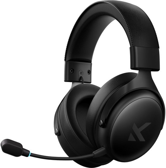 Zwarte gaming headset met comfortabele oorschelpen en een flexibele microfoon.