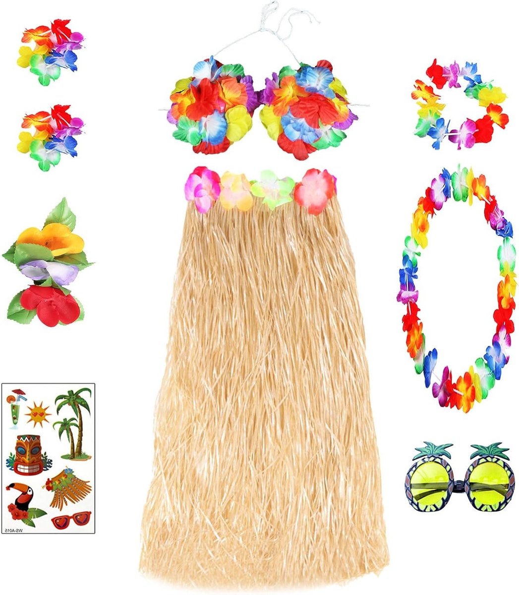 Hawaiiaanse Leis en Hula Rok Kostuum Set voor Volwassenen, Tropische Slingers, Bloem Bikini Top en Zomer Strand Outfit voor Feestjes en Evenementen
