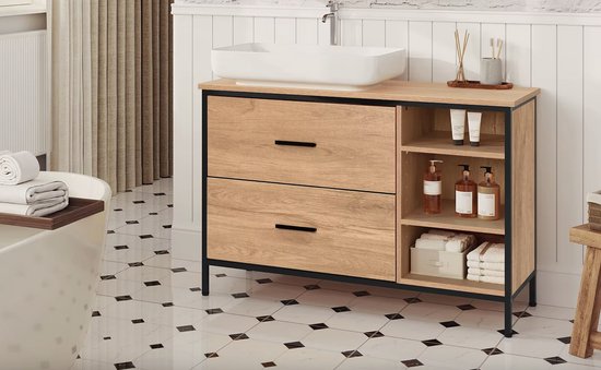 Badkamerkast Onder Wastafel – Opbergkast met 2 Lades en Open Vakken – Industrieel Design – Bruin - Licht Eiken & Zwart – 90 cm