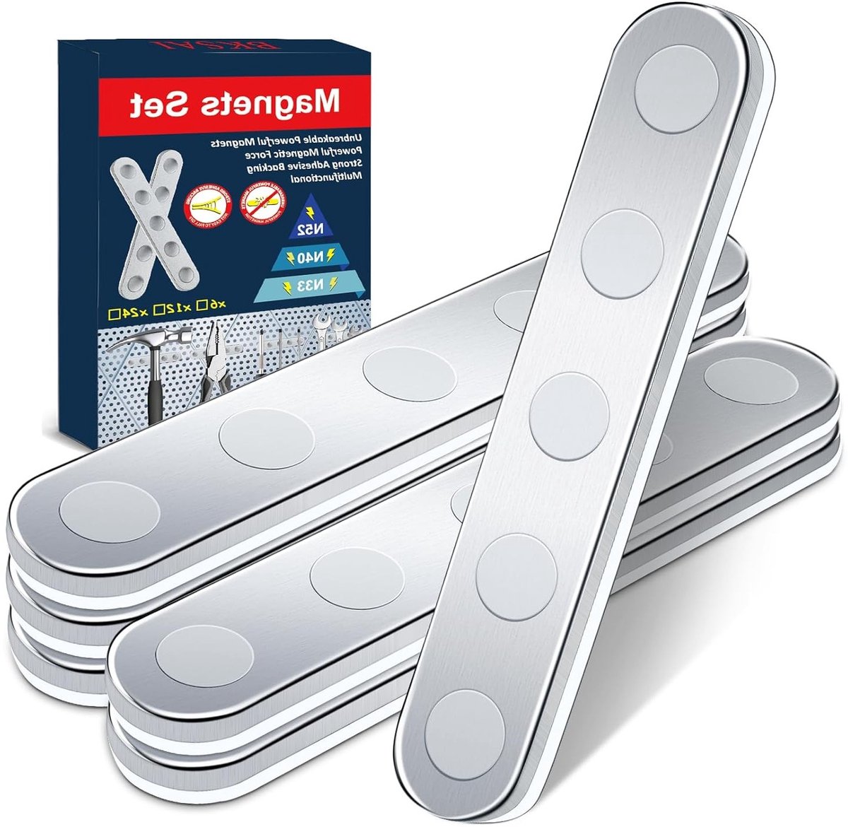 Set van 6 Schokbestendige Magneten, Zelfklevende Sterke Magnetische Tape voor Bevestigen, Neodymium Magneten voor School en Kantoor, 58 x 10 x 2 mm