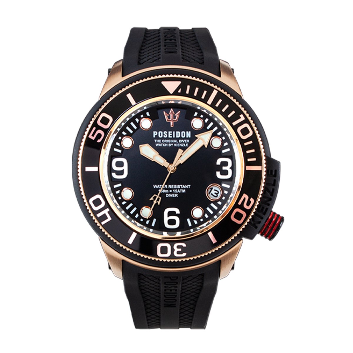 KIENZLE Horloge - Poseidon24 - Quarz UP709 - Waterdicht tot 15 ATM - Wijzerplaat Zwart - Roségouden Accenten
