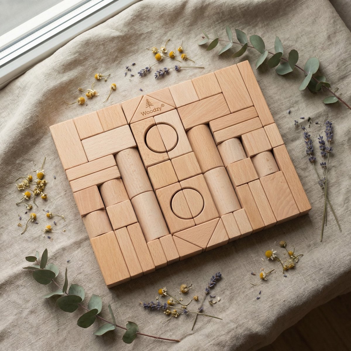 Woodzy Houten Blokkenset 60 Delig – FSC® Gecertificeerd – Montessori Speelgoed – Educatief Speelgoed 3+ Jaar – Naturel Hout – Grote Bouwset – Cadeau Kinderen — afbeelding 3