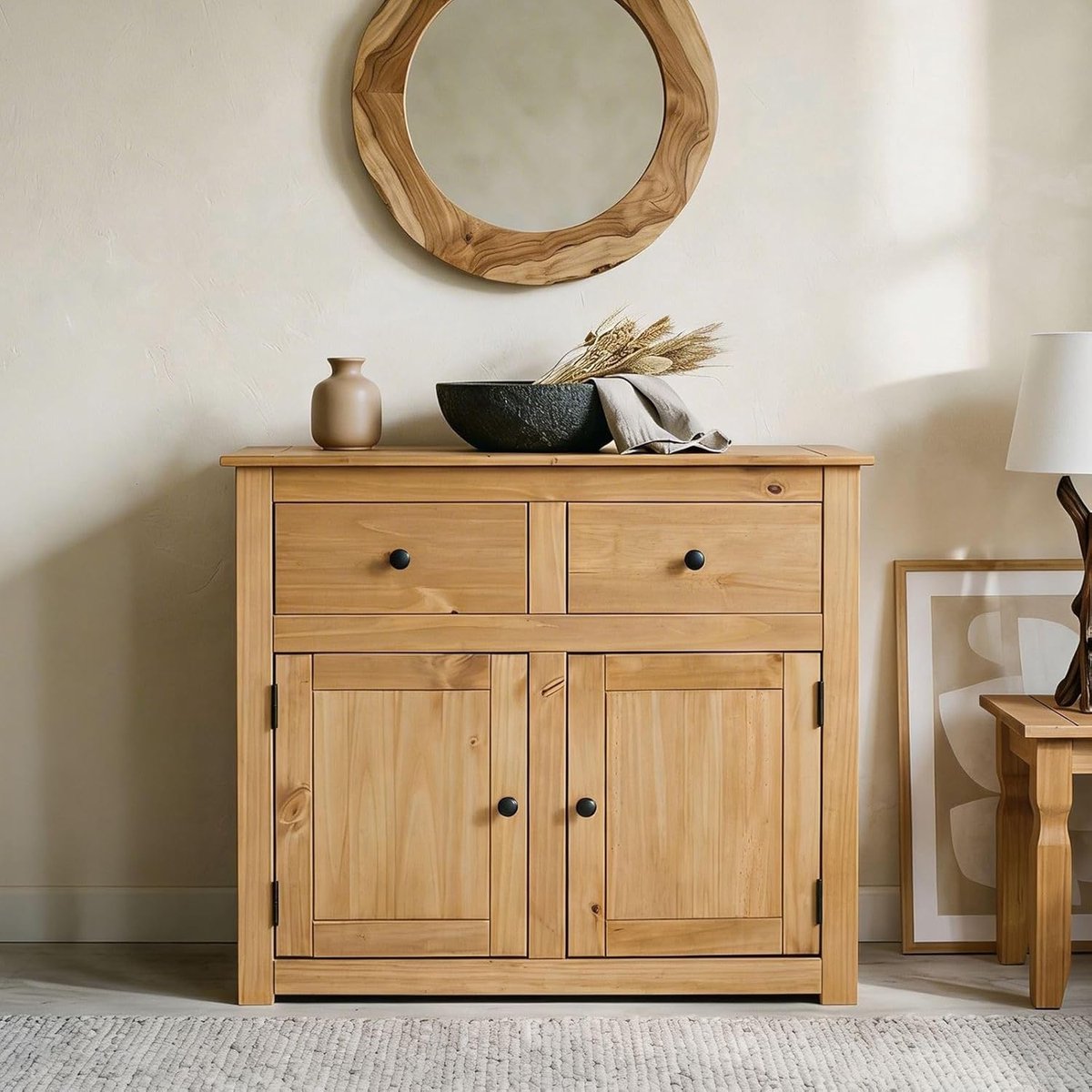 Cancun Heritage Commode – Massief Grenenhout met 2 Laden en 2 Deuren – Landelijk Dressoir in Gebeitst Zwart – 93 x 40 x 81 cm