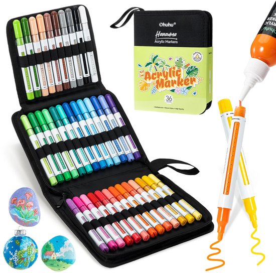 Étui noir contenant 72 marqueurs acryliques Ohuhu en 36 couleurs, organisés en 4 rangées. On aperçoit également un étui "36 Acrylic Markers" et des marqueurs séparés.