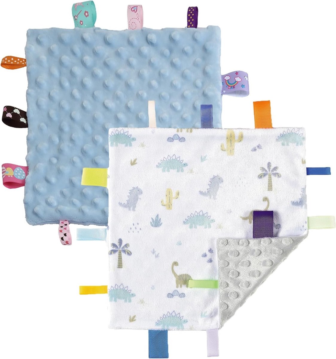 Zachte Sensory Baby Deken, Veiligheid Dekentje voor Jongens, Ideaal als Cadeau voor Babyshower of Verjaardag (24x24cm Dino+Blauw)
