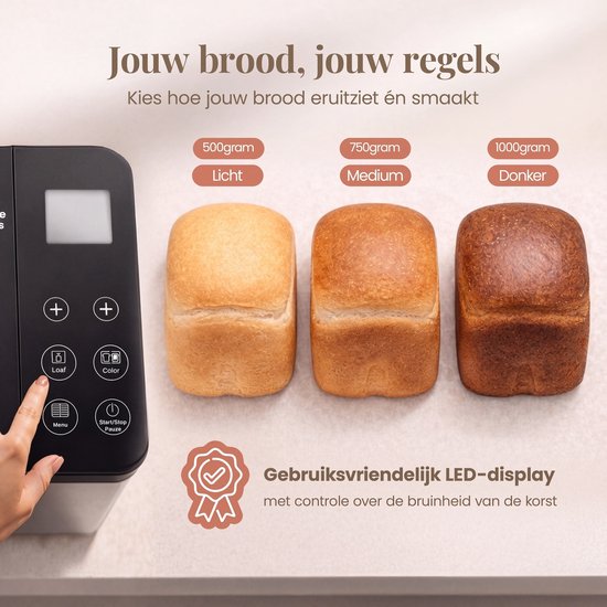 Broodbakmachine met 3 broden: licht (500g), medium (750g) en donker (1000g). Gebruiksvriendelijk LED-display.
