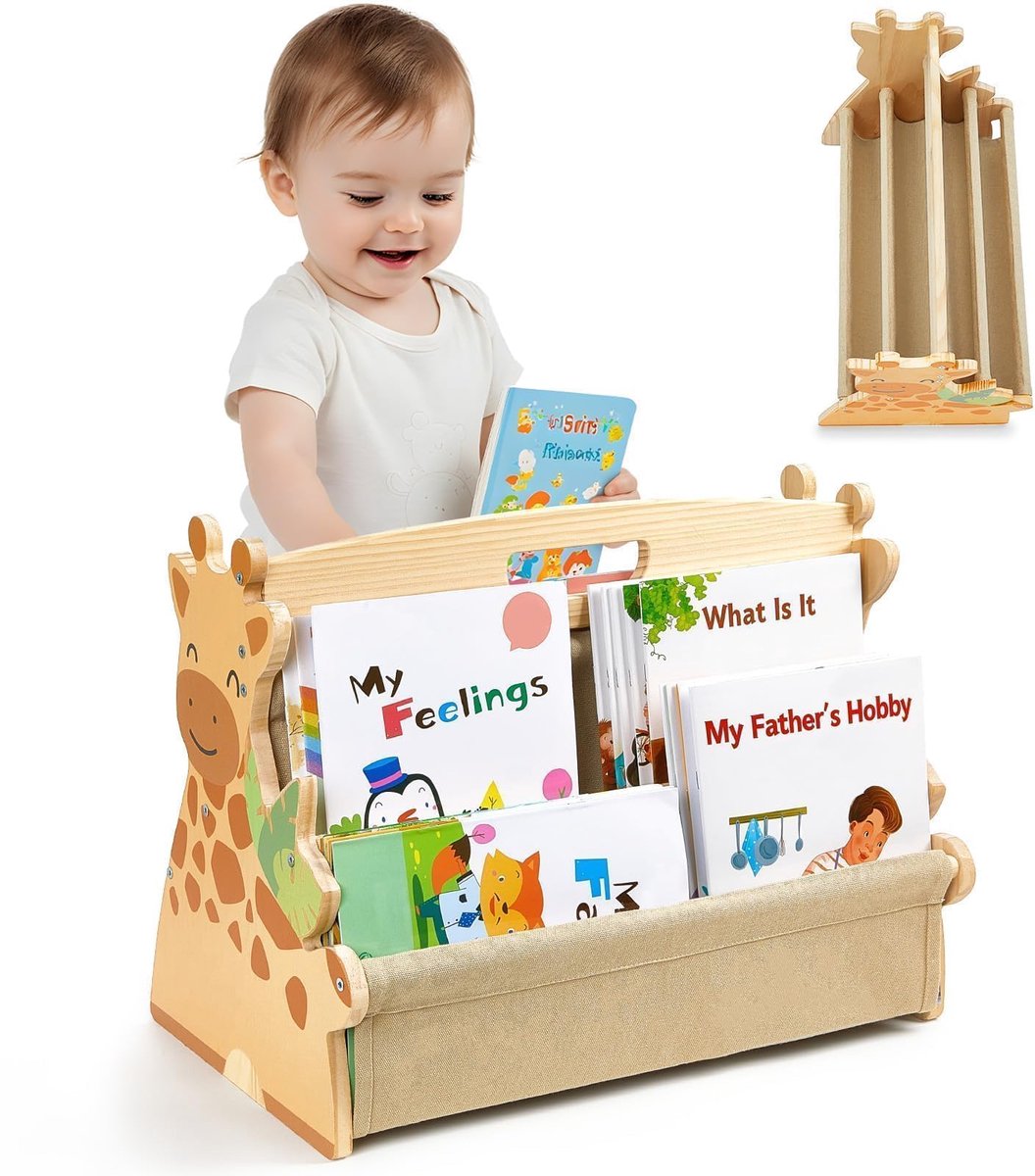 Dubbelzijdige kinderboekenplank - met 4 diepe planken - Montessori houten boekenplank - geschikt voor kinderkamers, speelkamers, klaslokalen of slaapkamers, boekenkast/opbergrek, licht hout - Giraffe