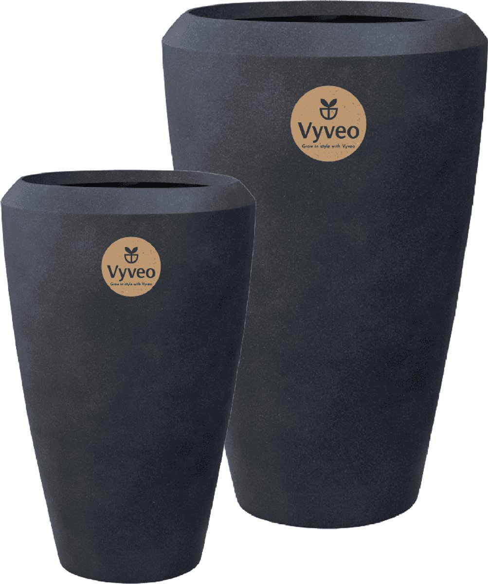 Vyveo - Vaas Nalou - Set van 2 - Zwart - Bloempot voor binnen en buiten - Lichtgewicht - Breukbestendig - Vorstbestendig - UV-bestendig
