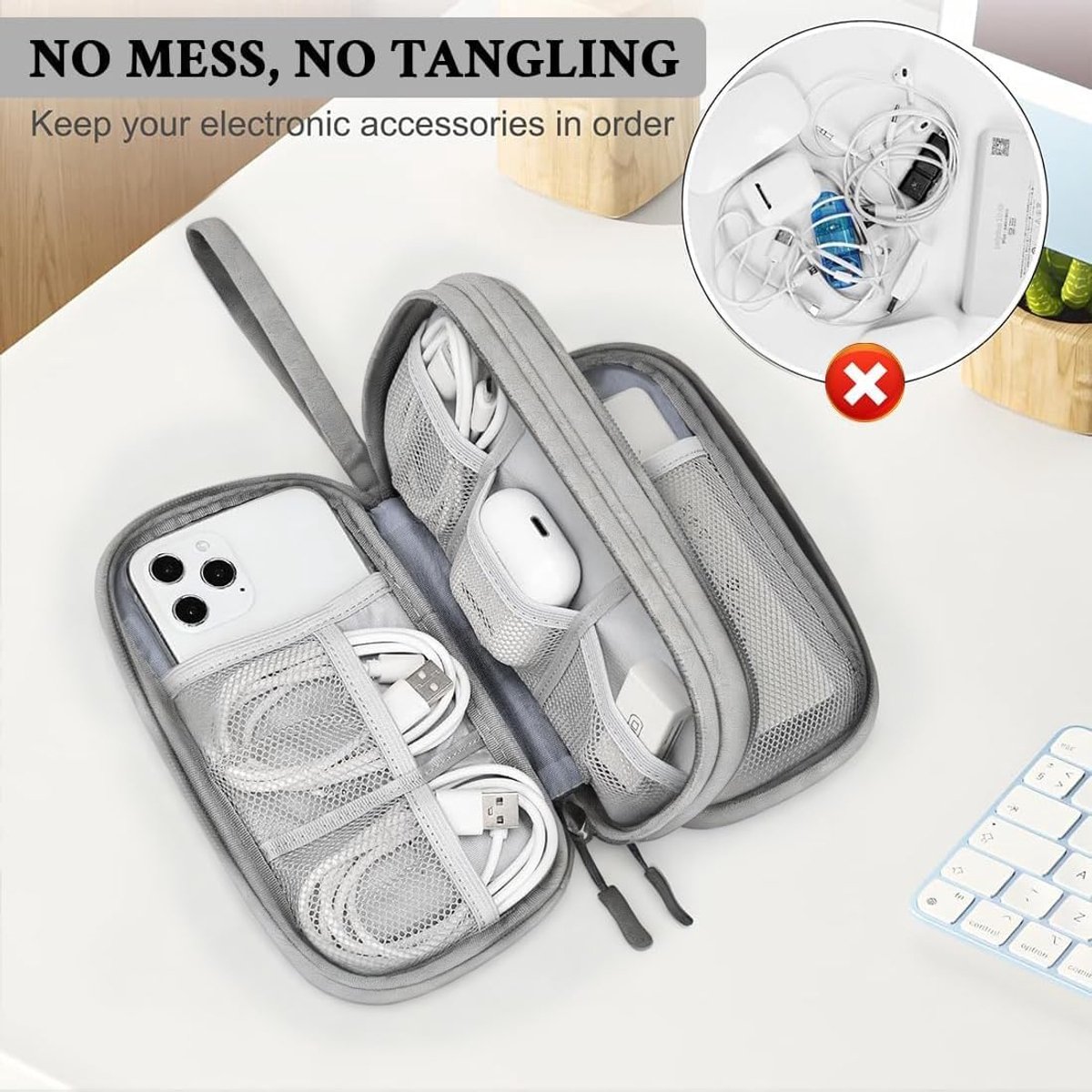 Organizer voor datakabels - Oplader organizer - Organizer voor elektronica - Multifunctionele organizer - Draagbare organizer - 21x12,5x6 cm - Verdikte stof - Vakjesindeling - Geschikt voor oordopjes, powerbank, USB-harde schijf, SD-kaart - Grijs – foto 4