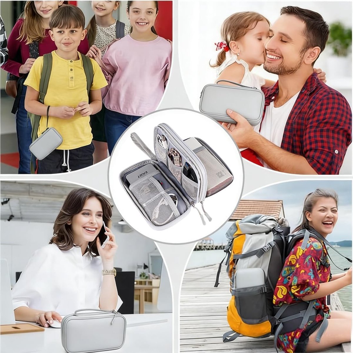 Organizer voor datakabels - Oplader organizer - Organizer voor elektronica - Multifunctionele organizer - Draagbare organizer - 21x12,5x6 cm - Verdikte stof - Vakjesindeling - Geschikt voor oordopjes, powerbank, USB-harde schijf, SD-kaart - Grijs – foto 2