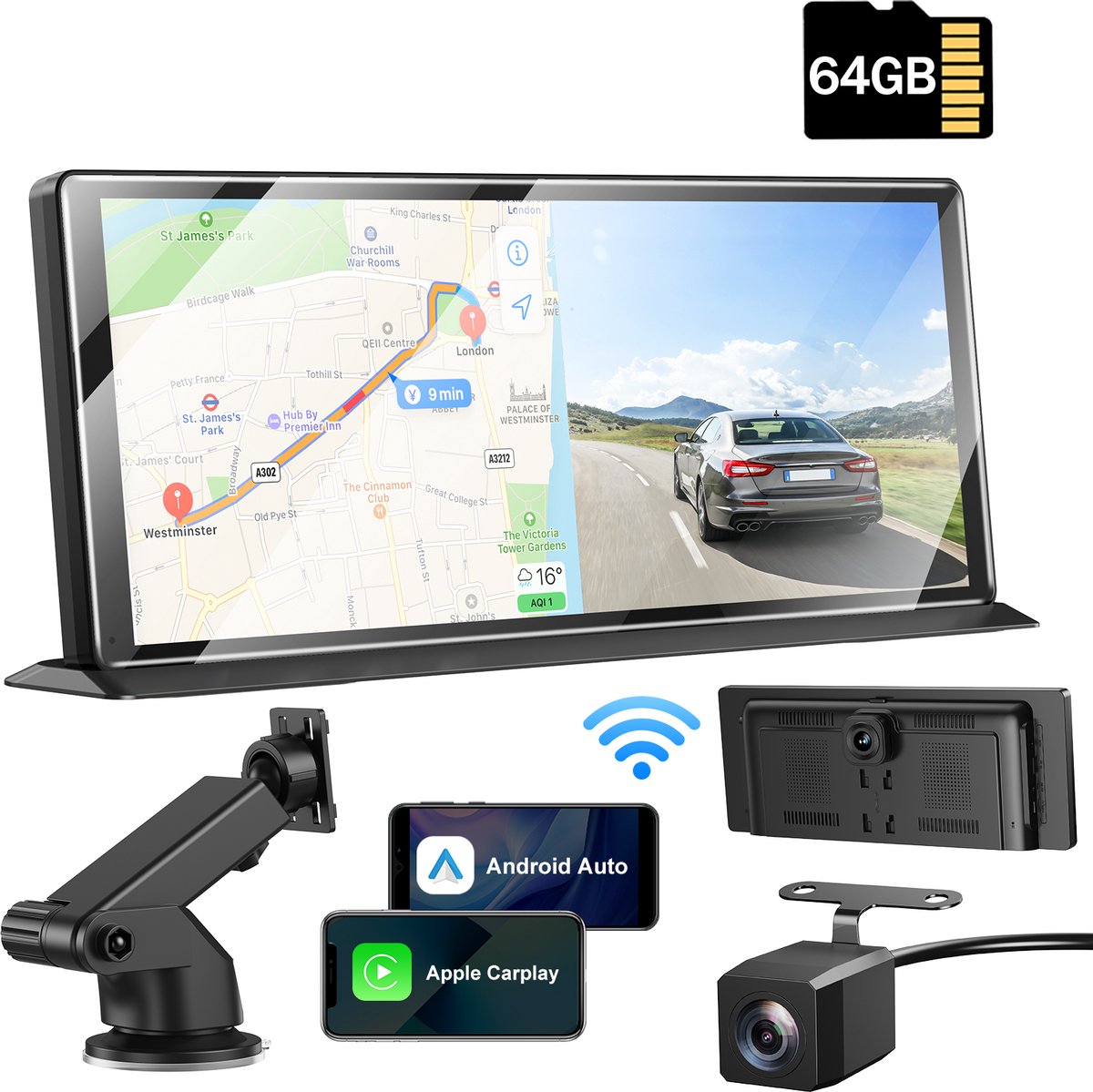 ESSGOO CarPlay Scherm 11 Inch - Apple CarPlay & Android Auto (Draadloos) - CarPlay-autoradio met 4K-frontcamera - 32GB Geheugenkaart - touchscreen - Universeel Auto/Bus/Vrachtwagen