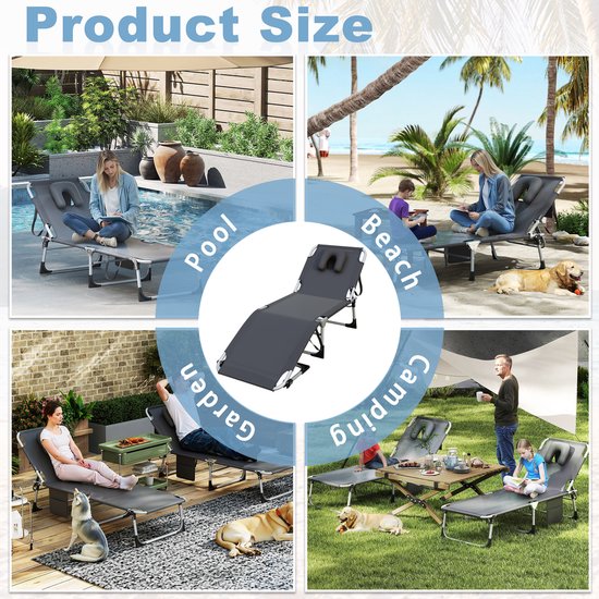 Opvouwbare Ligstoel 190 cm - Donkergrijs - Verstelbare Strandstoel met Kussen - 160 kg Belastbaar - Zonneligbed voor Tuin, Strand & Camping - 600D Oxford — afbeelding 5