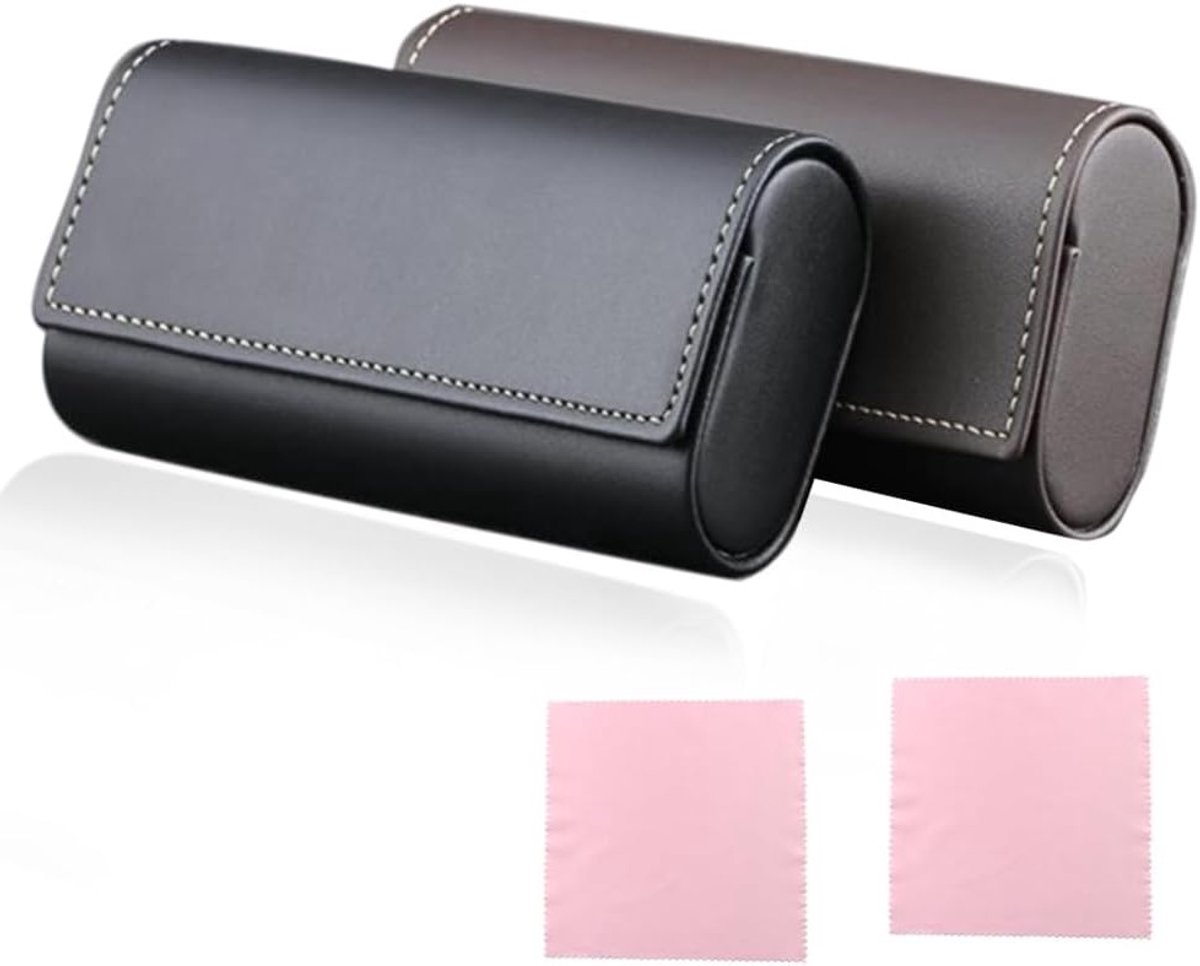 Set van 2 Hardcase Brillenhoezen van PU Leer, Zonnebril en Optische Bril Bescherming, Zwart en Bruin